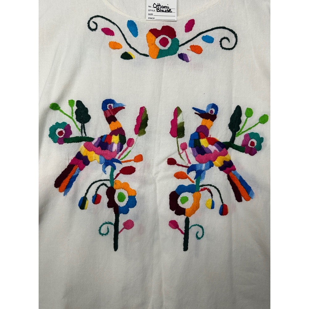 Mexican Hand Embroidered Floral‎ Bird White Boho Folk Art Top Women